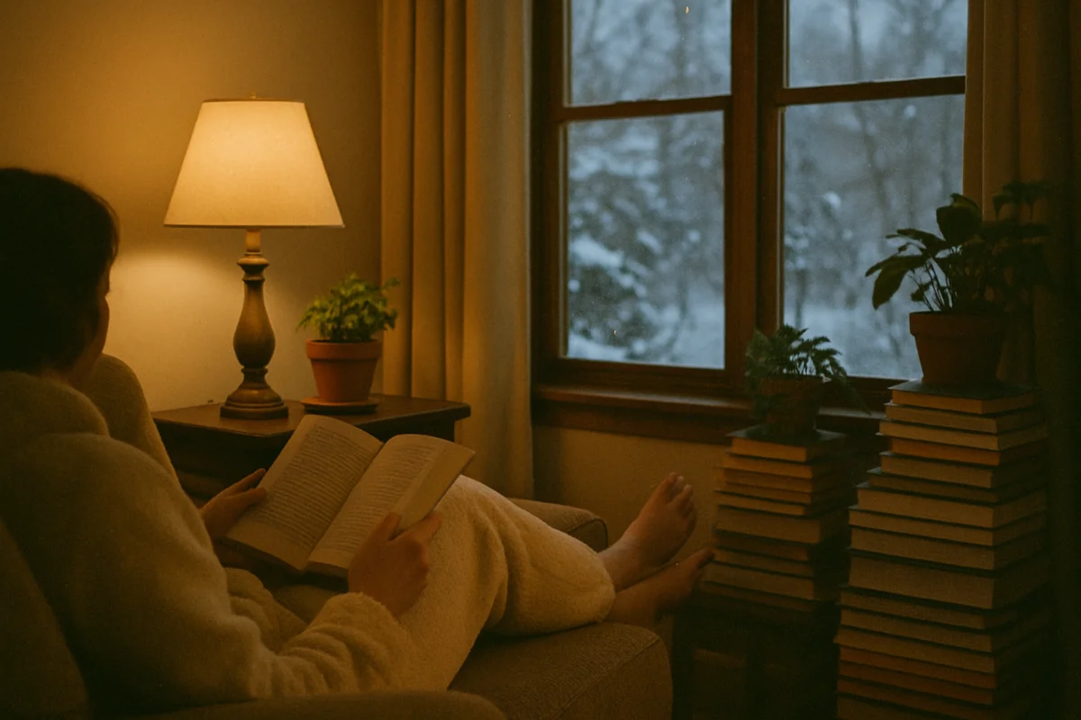 Wide: a living room in winter, someone reading, fleece pants